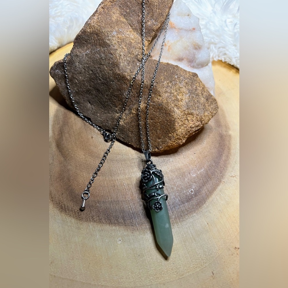 Green aventurine crystal point necklace with pewter wrap cap.